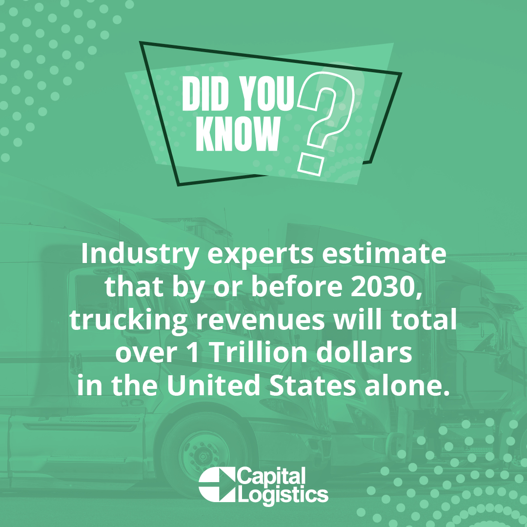 Industry experts estimate that by or before 2030 trucking revenues will total over 1 Trillion dollars in the United States alone.